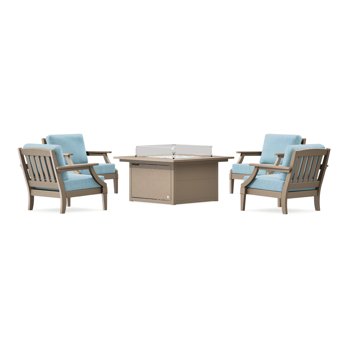 POLYWOOD PW Designer Series Estate 5-Piece Lounge Fire Table Set in Vintage Sahara / Lattice Sky Blue