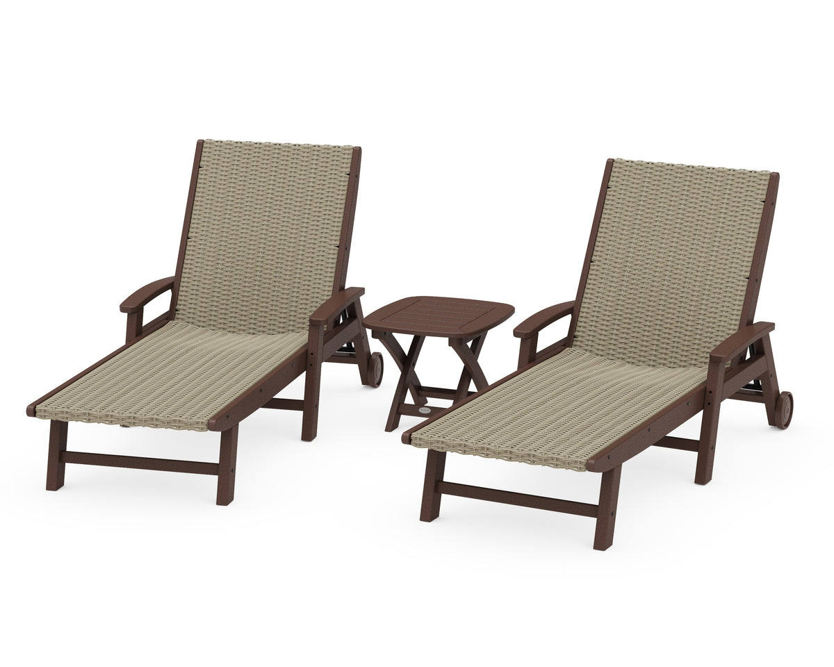 POLYWOOD 3-Piece Coastal Woven Chaise with Arms and Wheels Lounge Set in Mahogany / Dune Grass