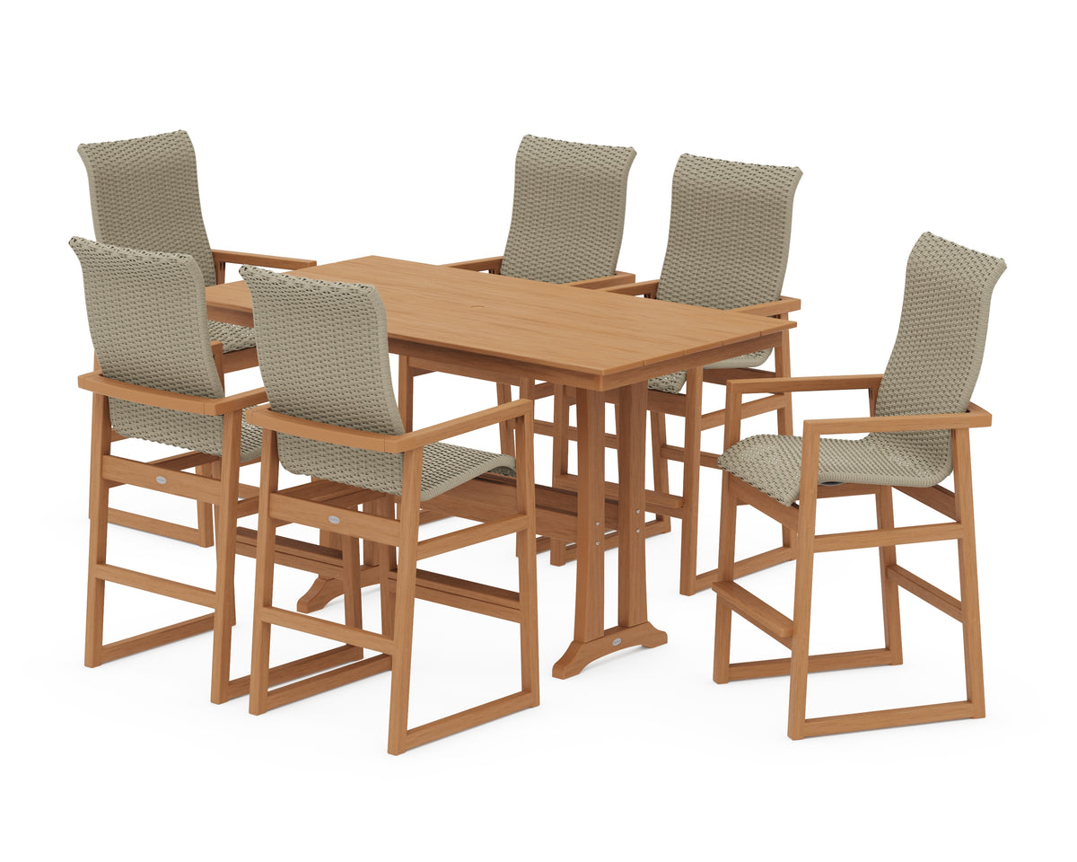 POLYWOOD EDGE Woven Highback Arm Chair 7-Piece Farmhouse Bar Set with Trestle Legs in Natural / Dune Grass