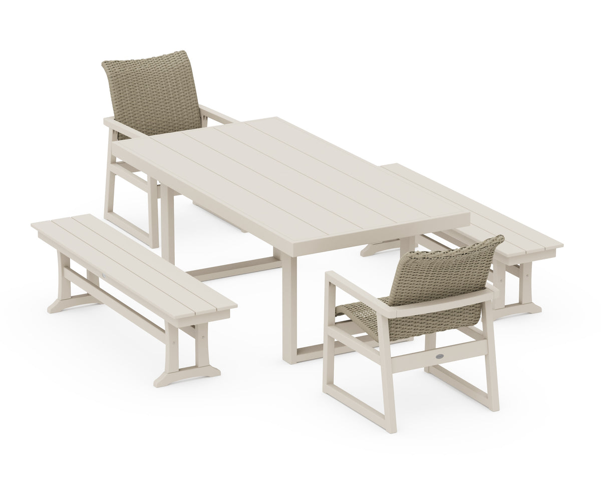 POLYWOOD EDGE Woven 5-Piece Dining Set with Benches in Sand / Dune Grass