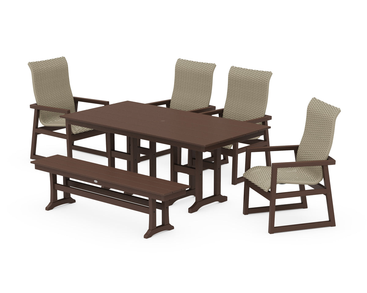 POLYWOOD EDGE Woven High-Back 6-Piece Farmhouse Dining Set with Bench in Mahogany / Dune Grass