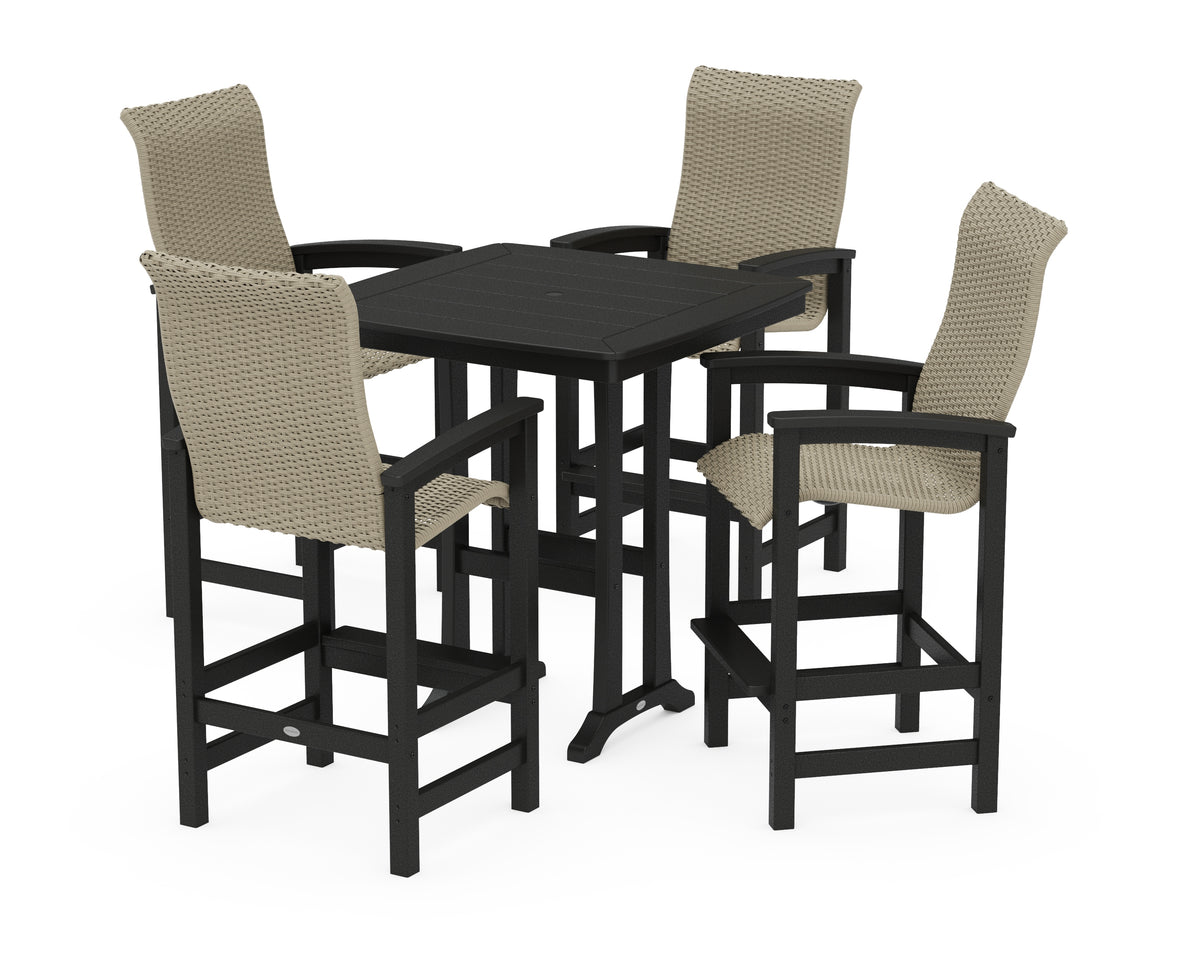 POLYWOOD Coastal Woven High-Back 5-Piece Bar Set with Trestle Legs in Black / Dune Grass