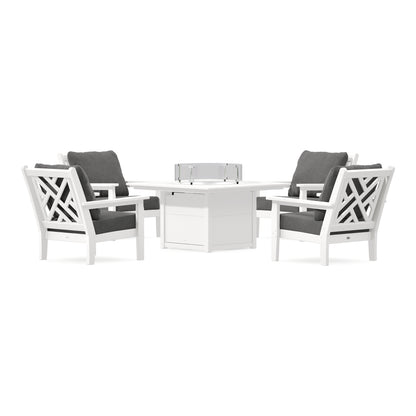 POLYWOOD Chippendale 5-Piece Deep Seating Set with Fire Pit Table in Vintage White