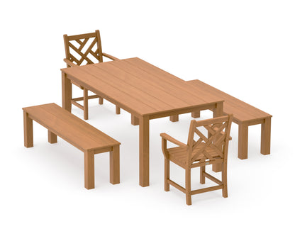 POLYWOOD Chippendale 5-Piece Parsons Dining Set with Benches in Natural