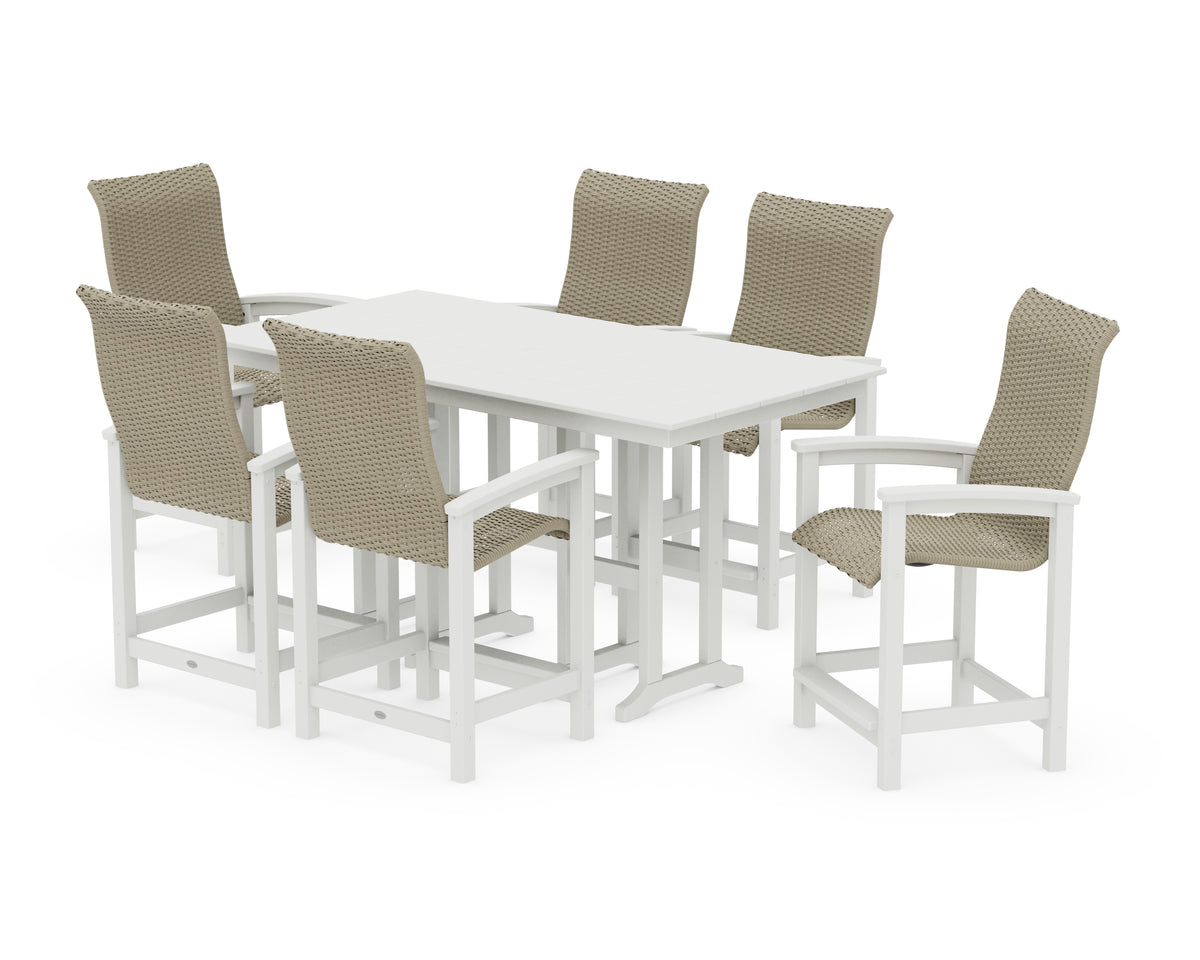 POLYWOOD Coastal Woven High-Back Arm Chair 7-Piece Farmhouse Counter Set in White / Dune Grass