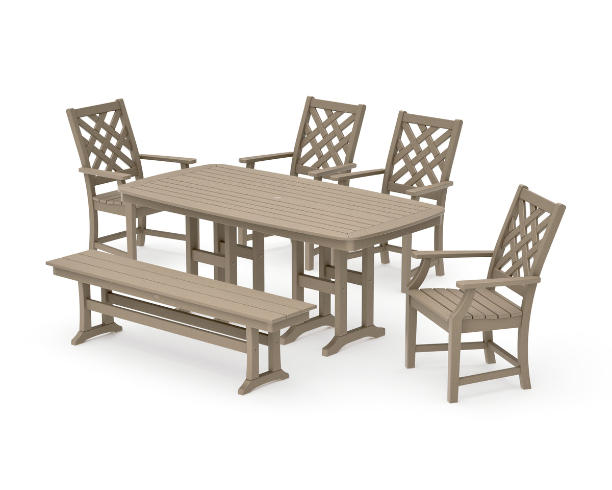 POLYWOOD Country Living Wovendale 6-Piece Farmhouse Dining Set with Bench with Nautical 37" x 72" Dining Table in Vintage Sahara