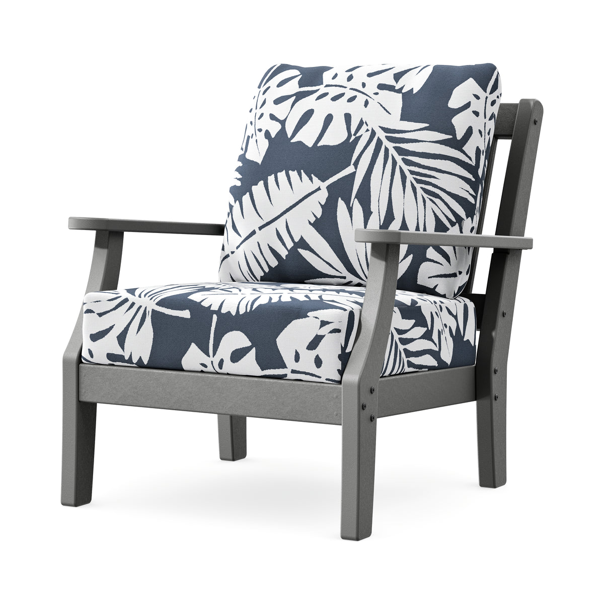 POLYWOOD Chinoiserie Deep Seating Chair in Slate Grey / Leaf Marine Indigo