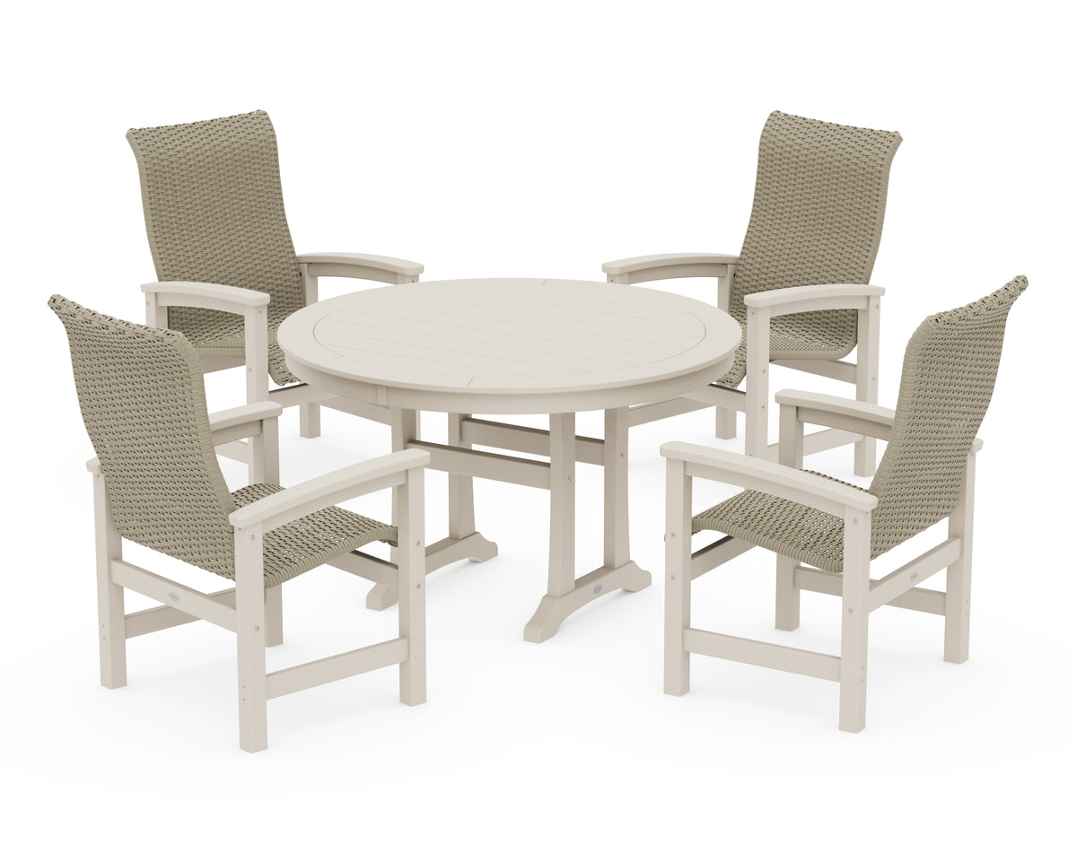 POLYWOOD Coastal Woven High-Back 5-Piece Round Dining Set with Trestle Legs in Sand / Dune Grass