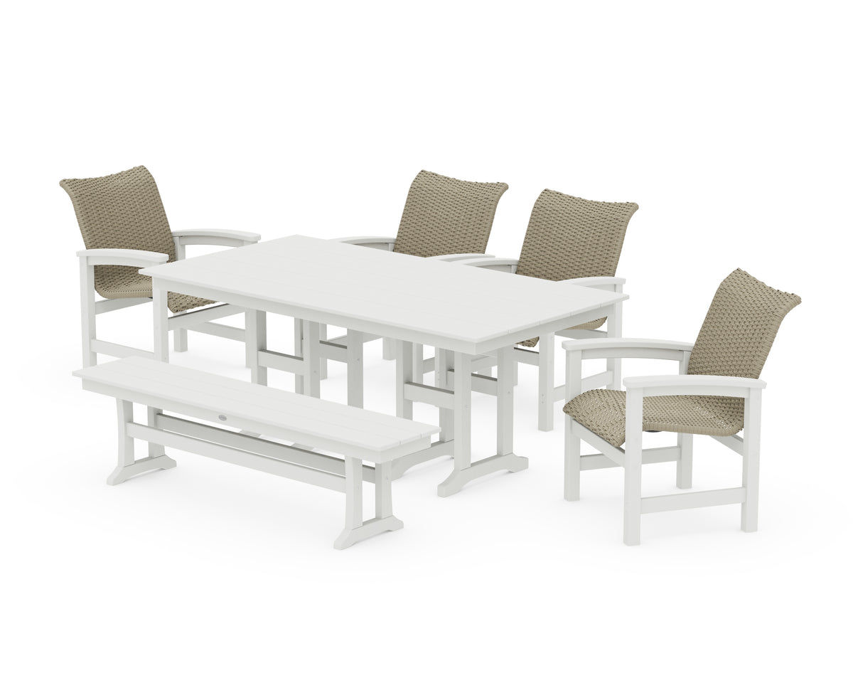 POLYWOOD Coastal Woven 6-Piece Farmhouse Dining Set with Bench with Farmhouse 37" x 72" Dining Table in Vintage White / Dune Grass