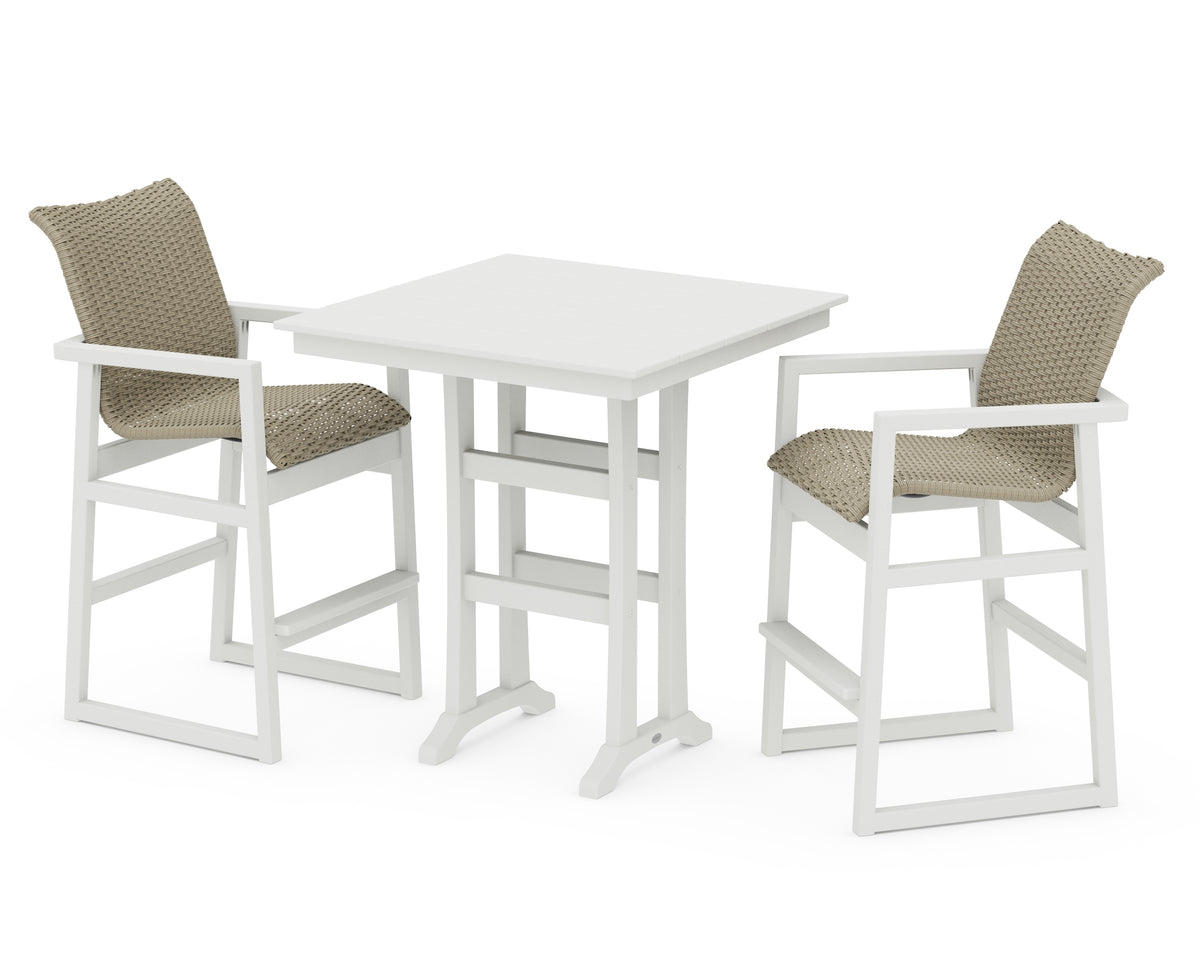 POLYWOOD EDGE Woven 3-Piece Farmhouse Bar Set with Trestle Legs in Vintage White / Dune Grass
