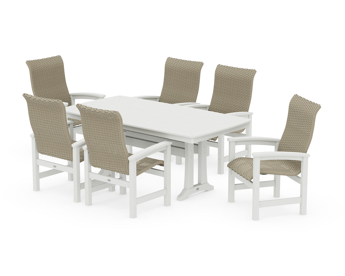 POLYWOOD Coastal Woven High-Back Arm Chair 7-Piece Dining Set with Trestle Legs in Vintage White / Dune Grass