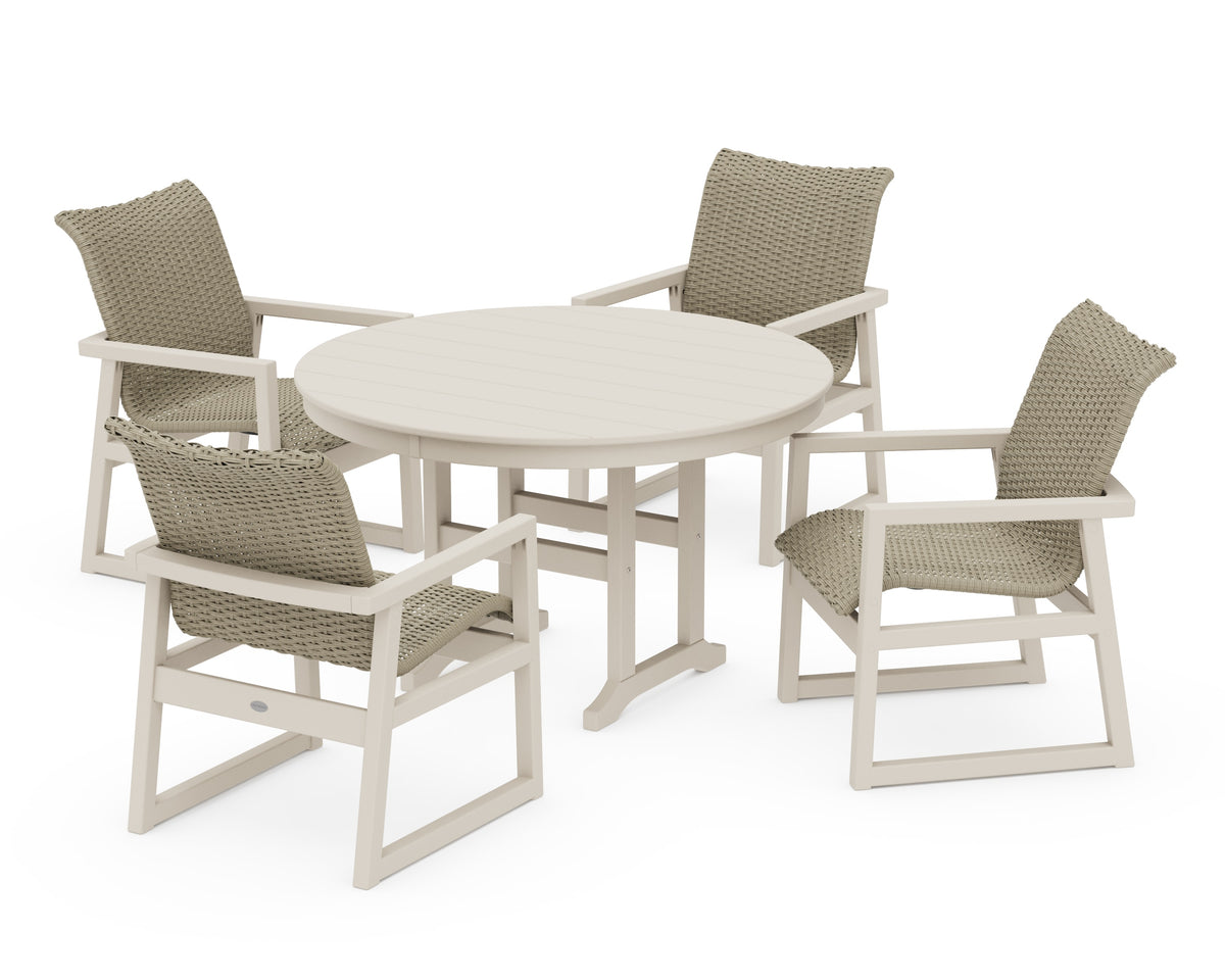 POLYWOOD EDGE Woven 5-Piece Round Farmhouse Dining Set in Sand / Dune Grass