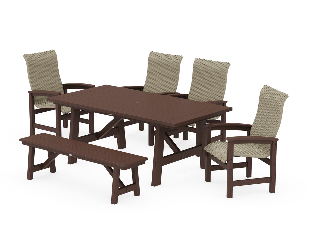 POLYWOOD Coastal Woven High-Back 6-Piece Rustic Farmhouse Dining Set with Bench in Mahogany / Dune Grass