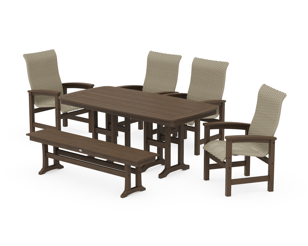 POLYWOOD Coastal Woven High-Back 6-Piece Farmhouse Dining Set with Bench with Nautical 37" x 72" Dining Table in Kona / Dune Grass