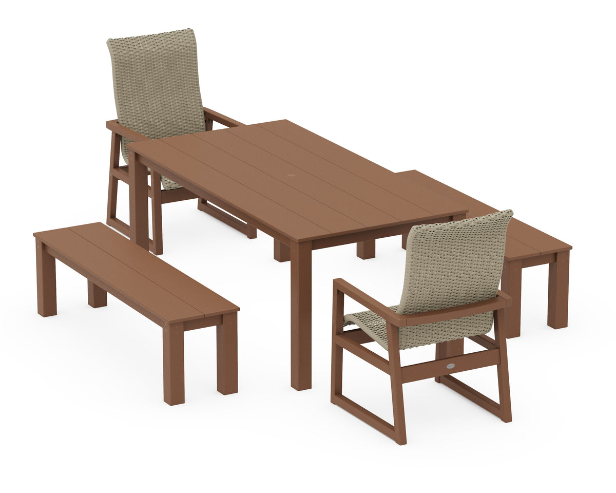 POLYWOOD EDGE Woven High-Back 5-Piece Parsons Dining Set with Benches in Teak / Dune Grass