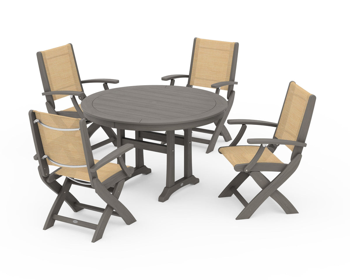 POLYWOOD Coastal Folding Chair 5-Piece Round Dining Set with Trestle Legs in Driftwood / Dupioni Apricot