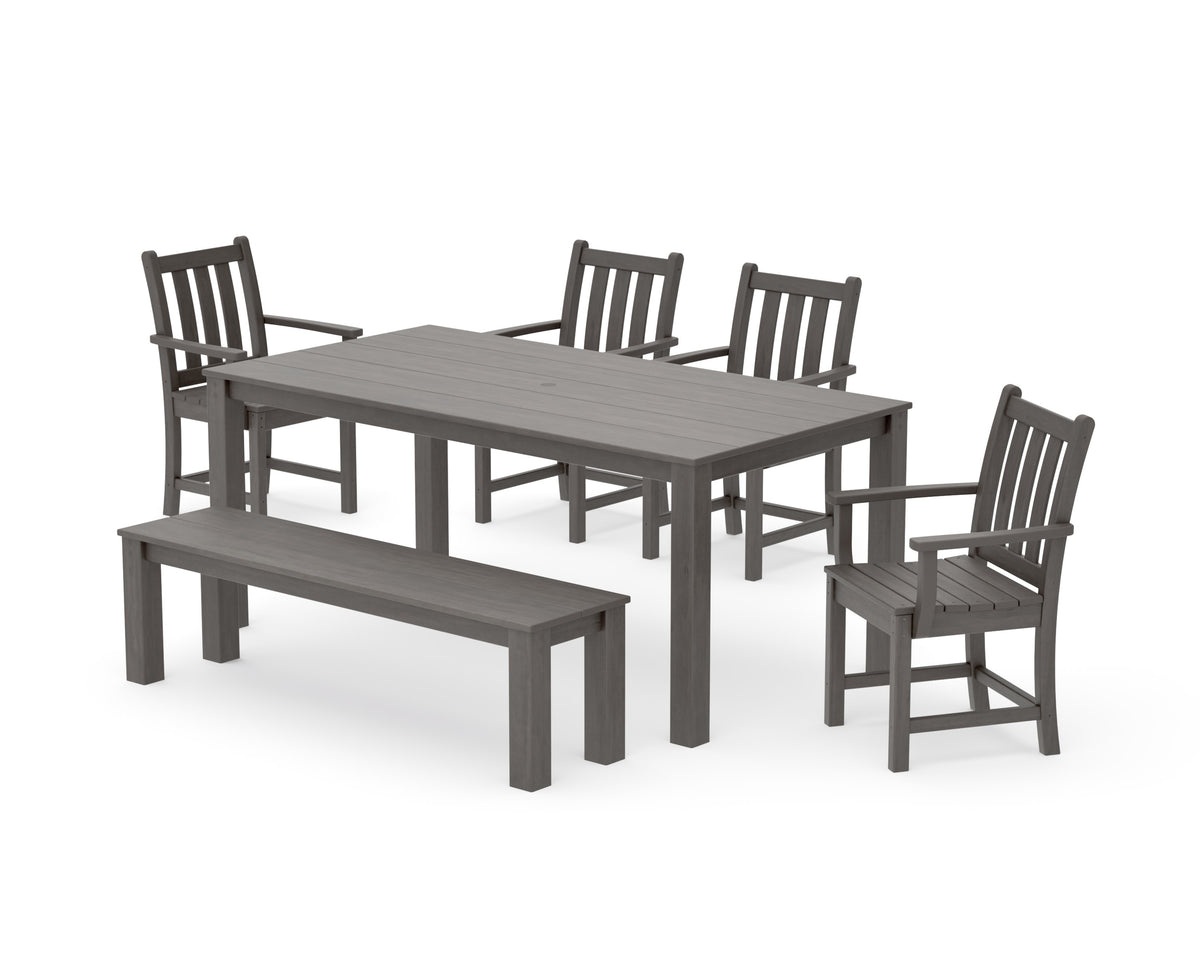 POLYWOOD Traditional Garden 6-Piece Parsons Dining Set with Bench in Driftwood