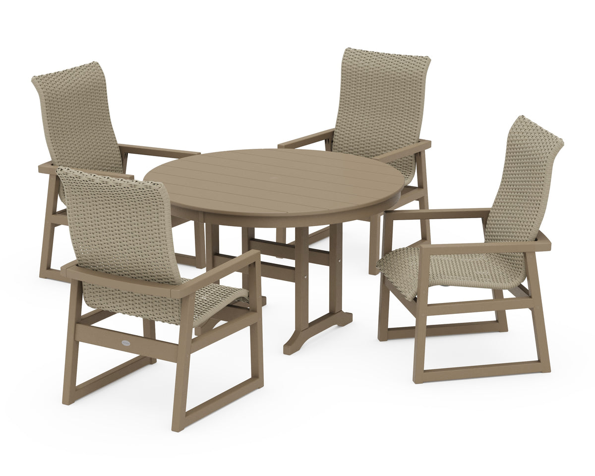 POLYWOOD EDGE Woven High-Back 5-Piece Round Farmhouse Dining Set in Vintage Sahara / Dune Grass