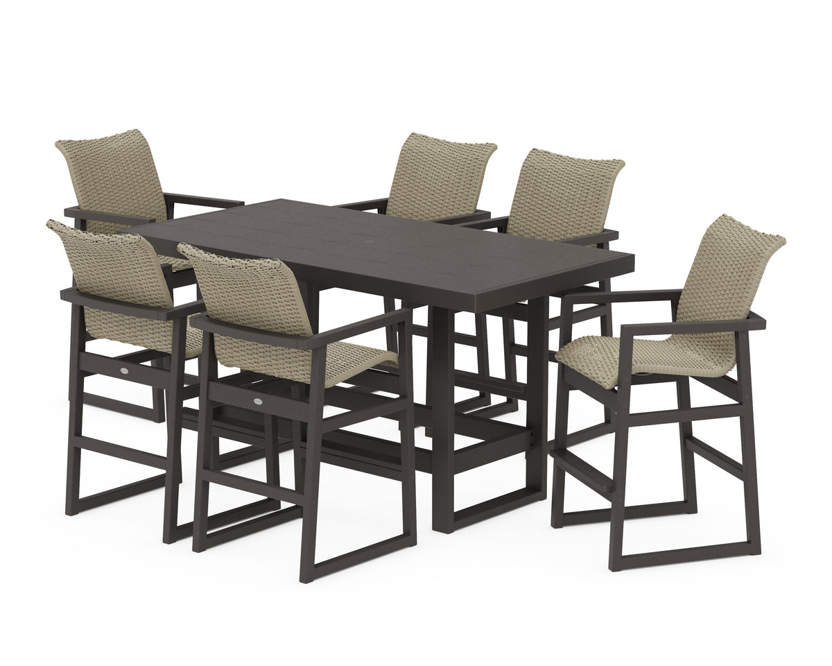 POLYWOOD EDGE Woven Arm Chair 7-Piece Bar Set in Vintage Coffee / Dune Grass