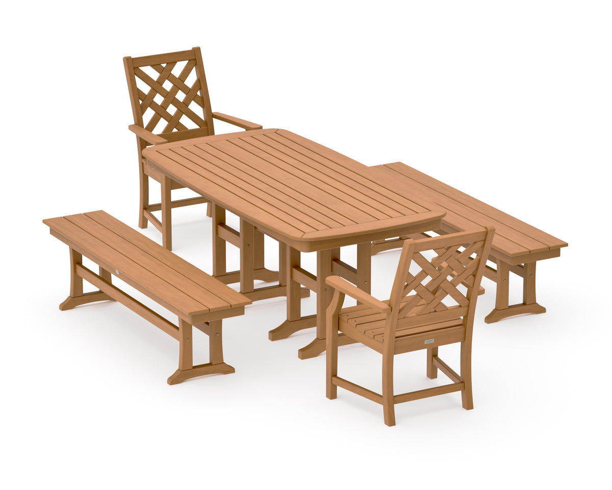 POLYWOOD Wovendale 5-Piece Dining Set with Benches in Natural