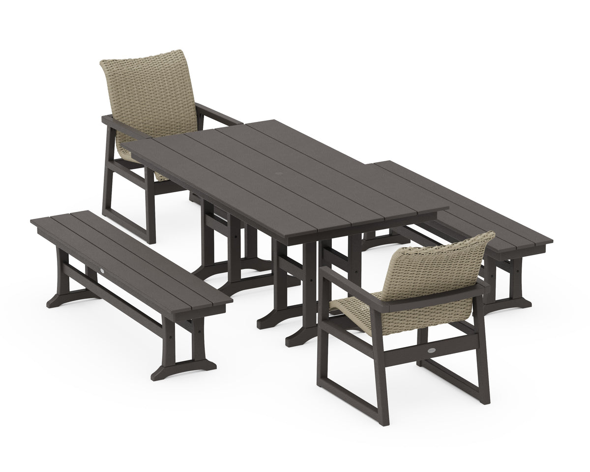 POLYWOOD EDGE Woven 5-Piece Farmhouse Dining Set with Benches in Vintage Coffee / Dune Grass