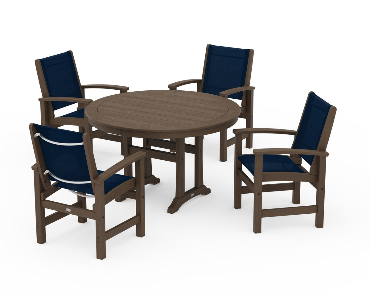 POLYWOOD Coastal 5-Piece Round Dining Set with Trestle Legs in Kona / Navy Blue