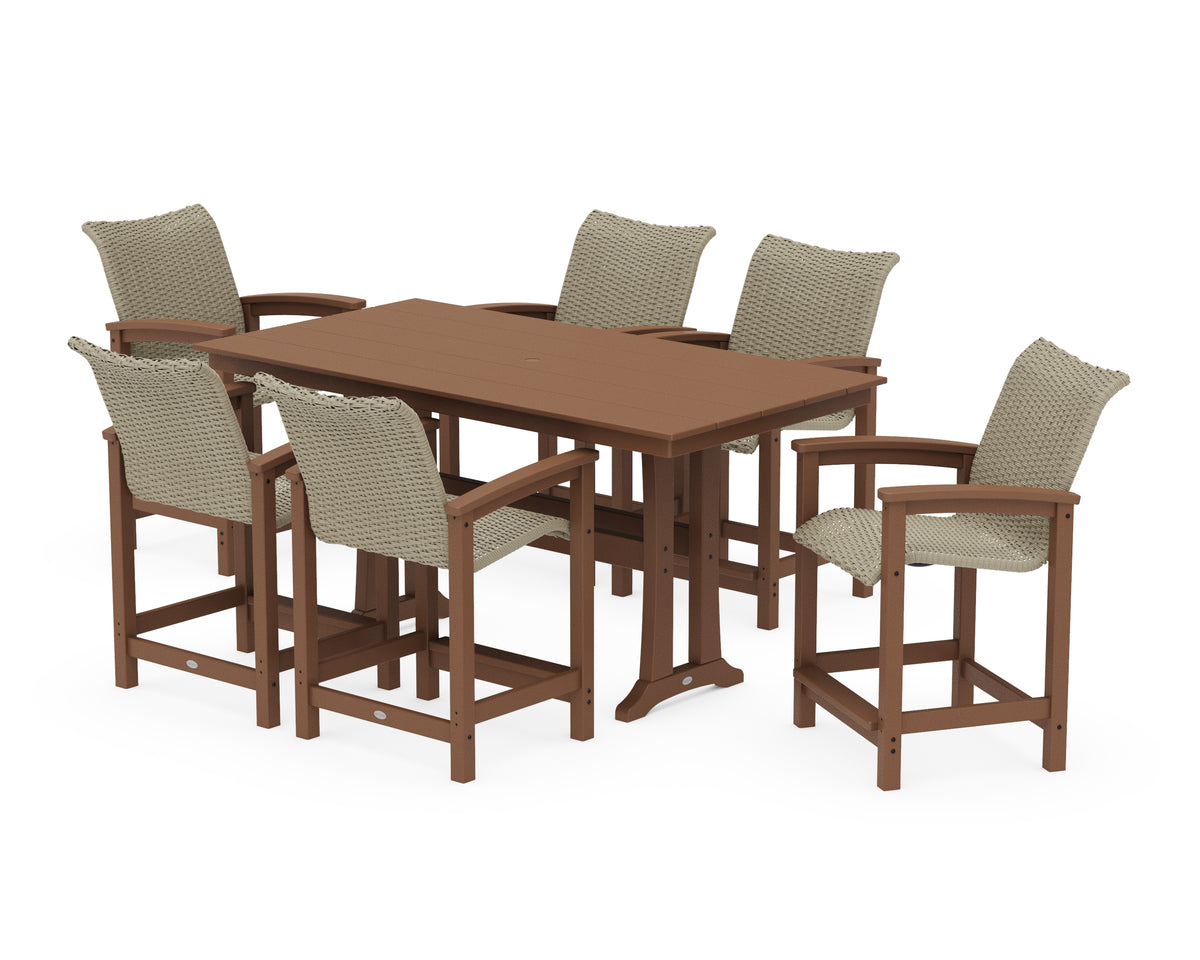 POLYWOOD Coastal Woven Arm Chair 7-Piece Farmhouse Counter Set with Trestle Legs in Teak / Dune Grass