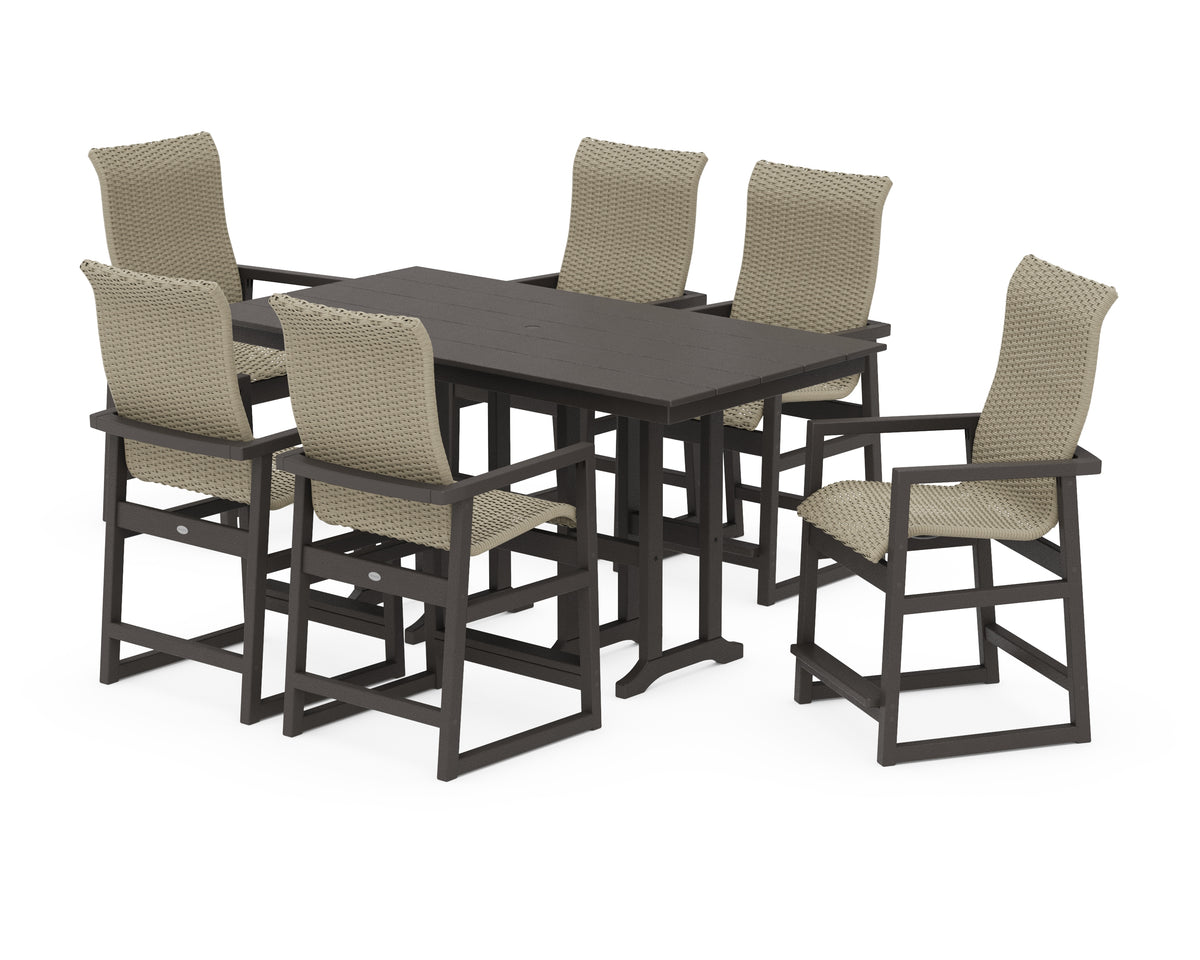 POLYWOOD EDGE Woven Highback Arm Chair 7-Piece Farmhouse Counter Set in Vintage Coffee / Dune Grass