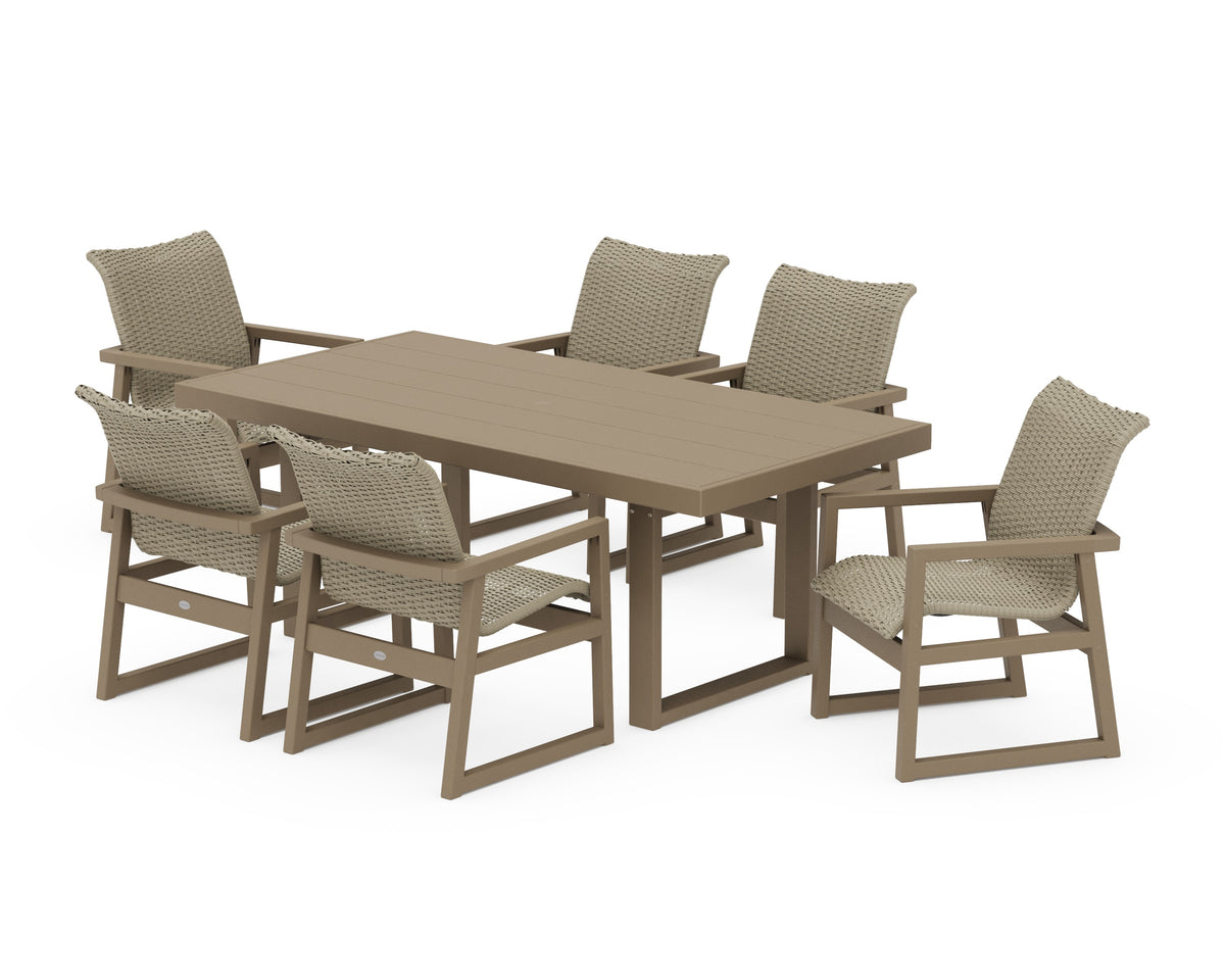 POLYWOOD EDGE Woven Arm Chair 7-Piece Dining Set in Vintage Sahara / Dune Grass