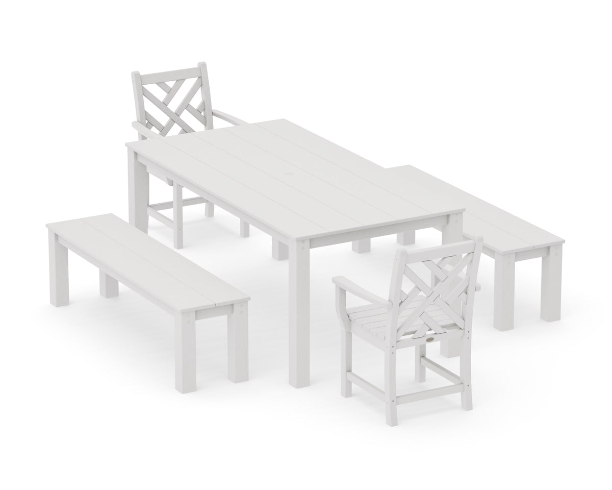POLYWOOD Chippendale 5-Piece Parsons Dining Set with Benches in Vintage White