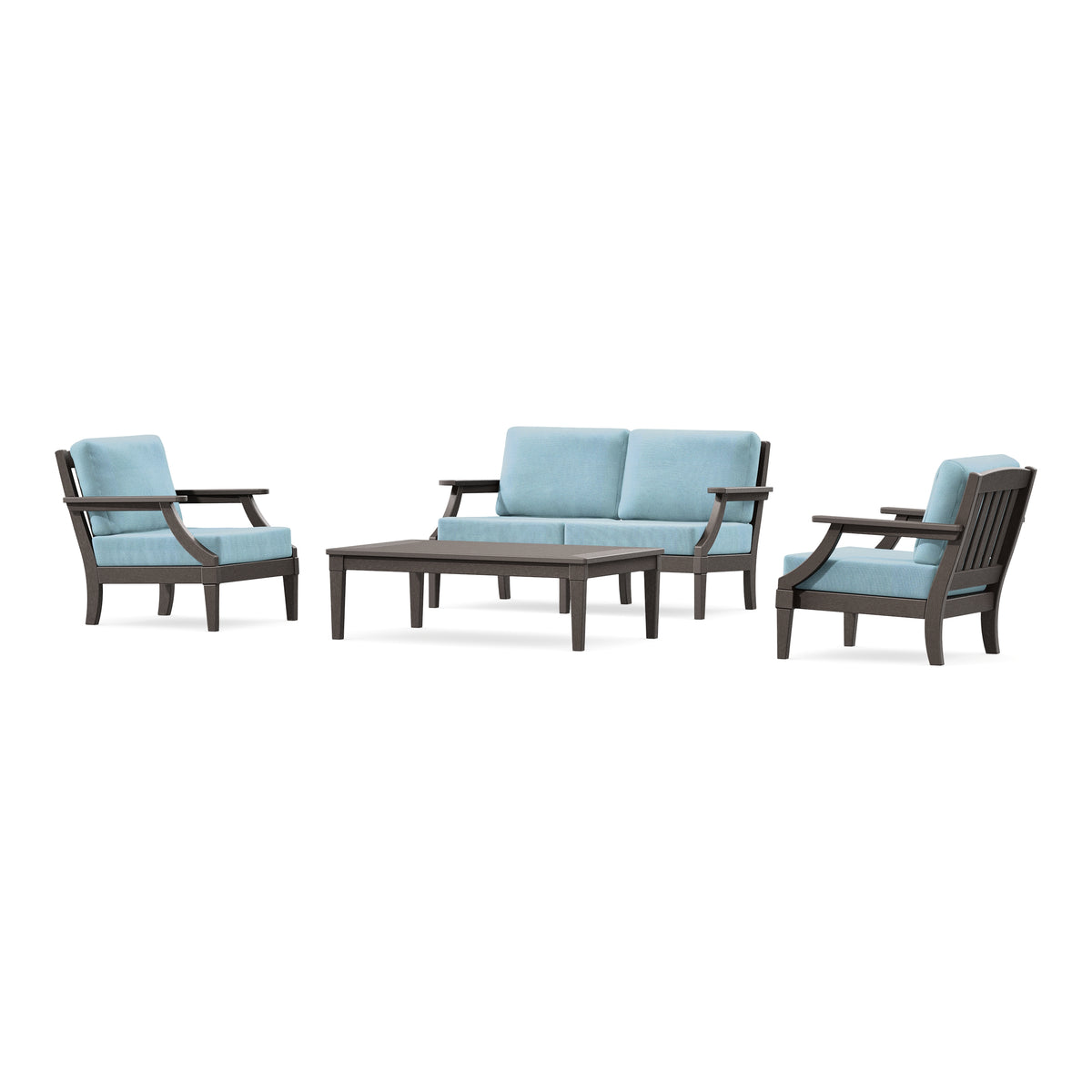 POLYWOOD PW Designer Series Estate Lounge 4-Piece Loveseat Set in Vintage Coffee / Lattice Sky Blue