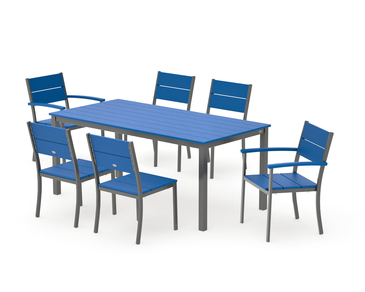 POLYWOOD Main Street 7-Piece Dining Set with Main Street 36" x 72" Dining Table in Charcoal / Pacific Blue