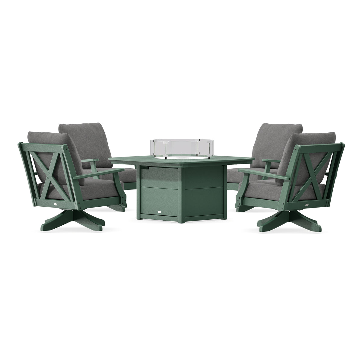 POLYWOOD Braxton 5-Piece Deep Seating Swivel Conversation Set with Fire Pit Table in Green