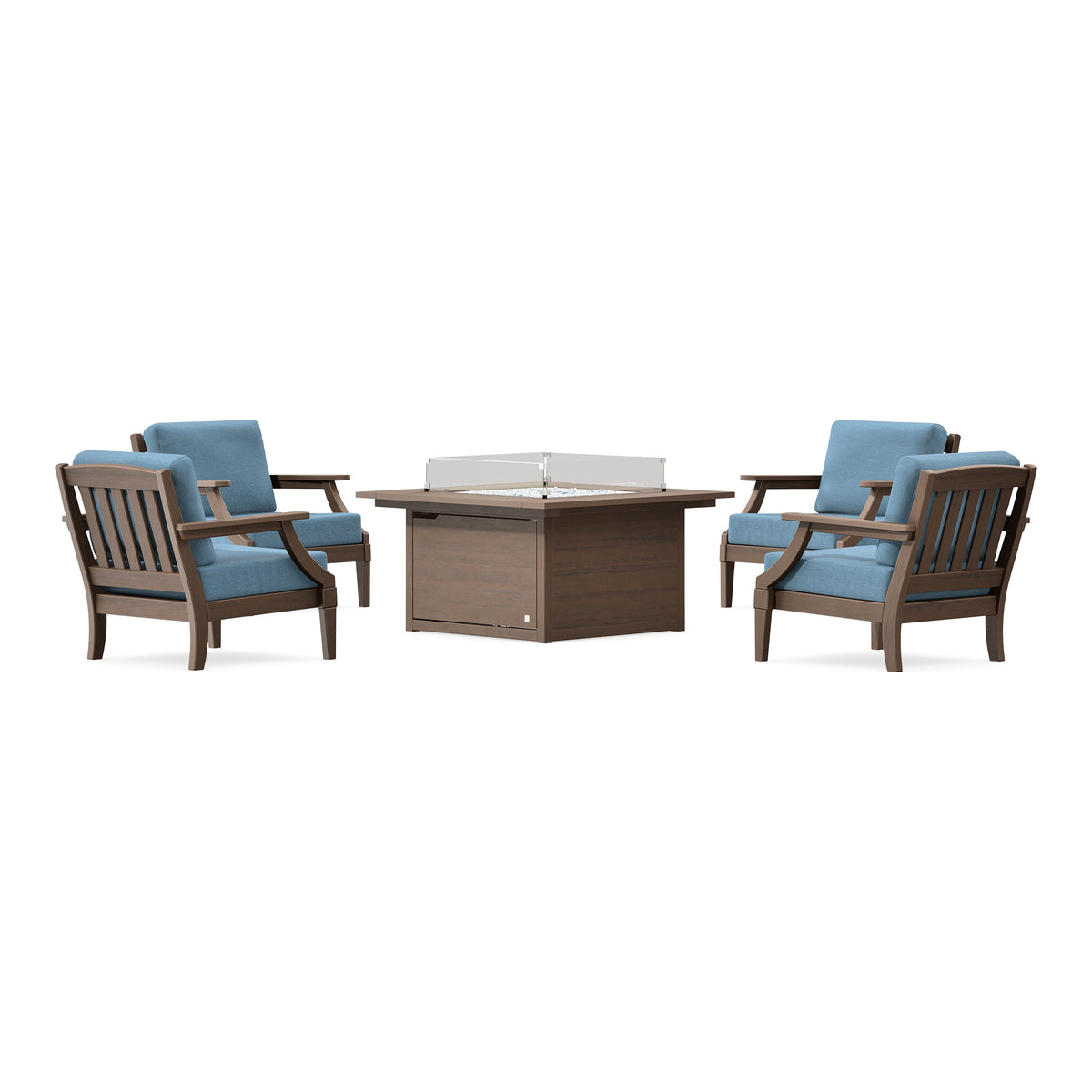POLYWOOD PW Designer Series Estate 5-Piece Lounge Fire Table Set in Kona / Sky Blue