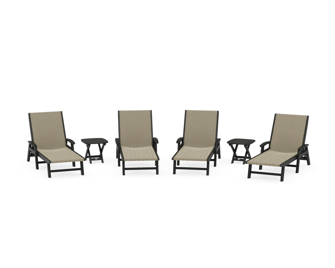 POLYWOOD 6-Piece Coastal Woven Chaise with Arms Lounge Set in Black / Dune Grass