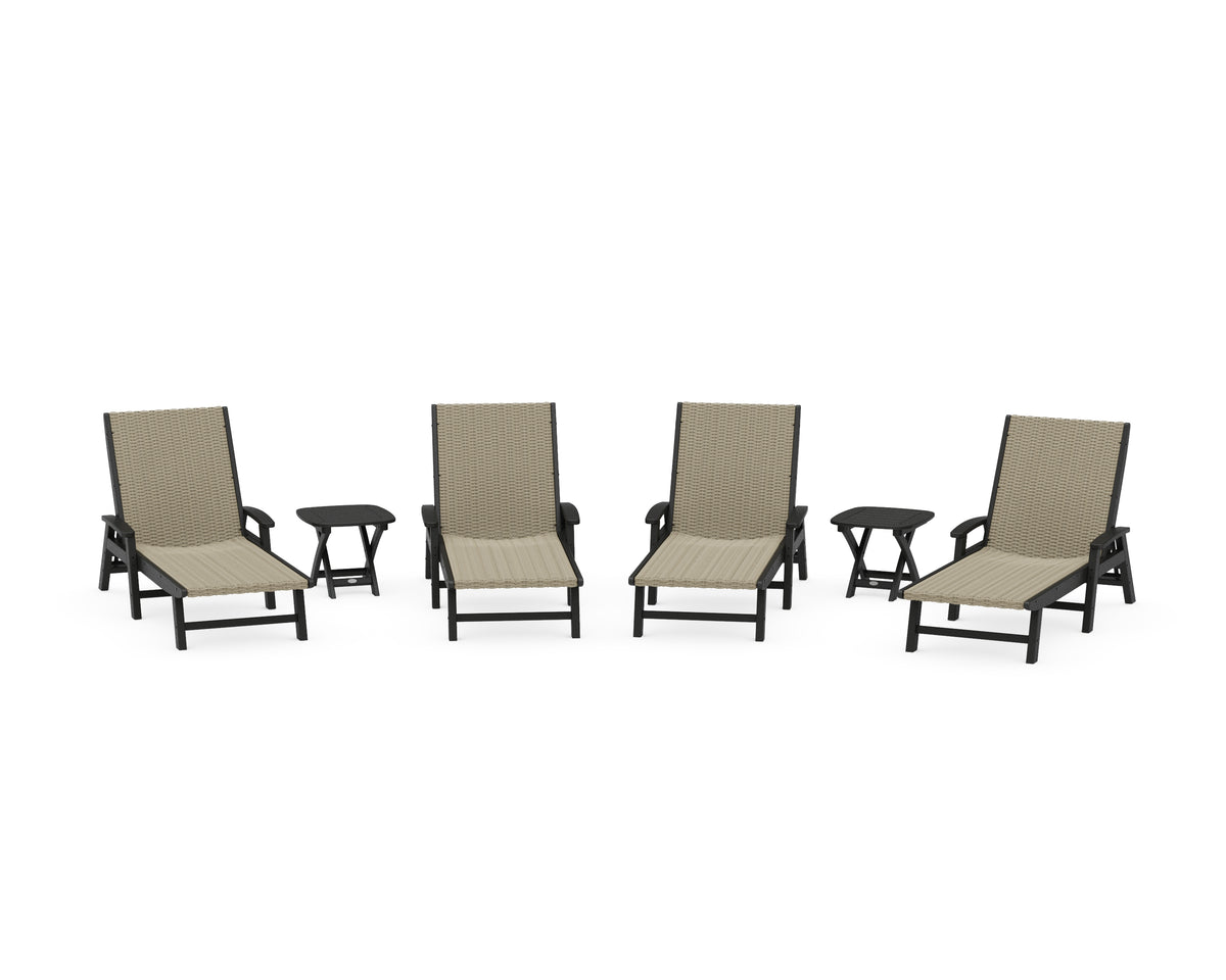 POLYWOOD 6-Piece Coastal Woven Chaise with Arms Lounge Set in Black / Dune Grass