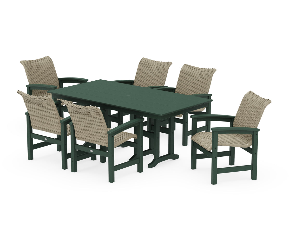 POLYWOOD Coastal Woven Arm Chair 7-Piece Farmhouse Dining Set in Green / Dune Grass