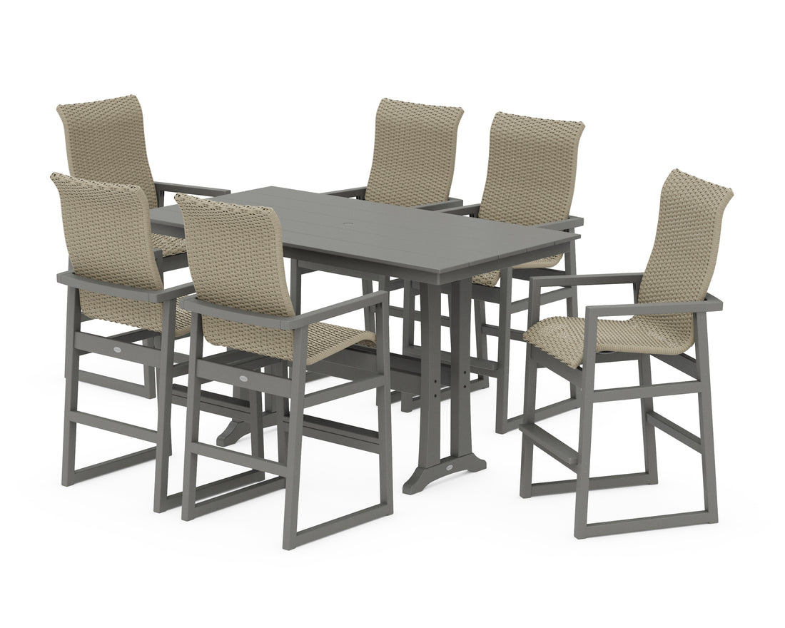 POLYWOOD EDGE Woven Highback Arm Chair 7-Piece Farmhouse Bar Set with Trestle Legs in Slate Grey / Dune Grass