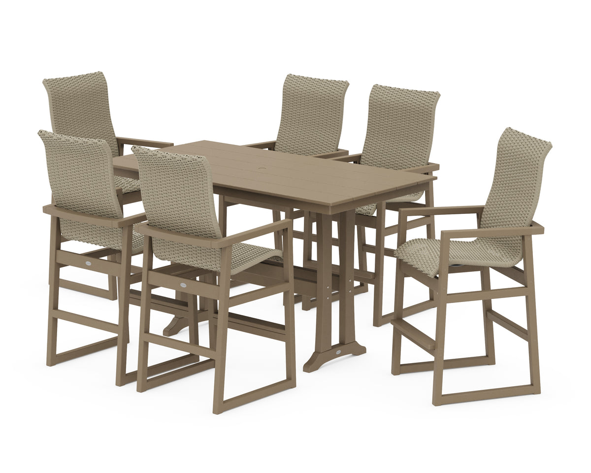 POLYWOOD EDGE Woven Highback Arm Chair 7-Piece Farmhouse Bar Set with Trestle Legs in Vintage Sahara / Dune Grass