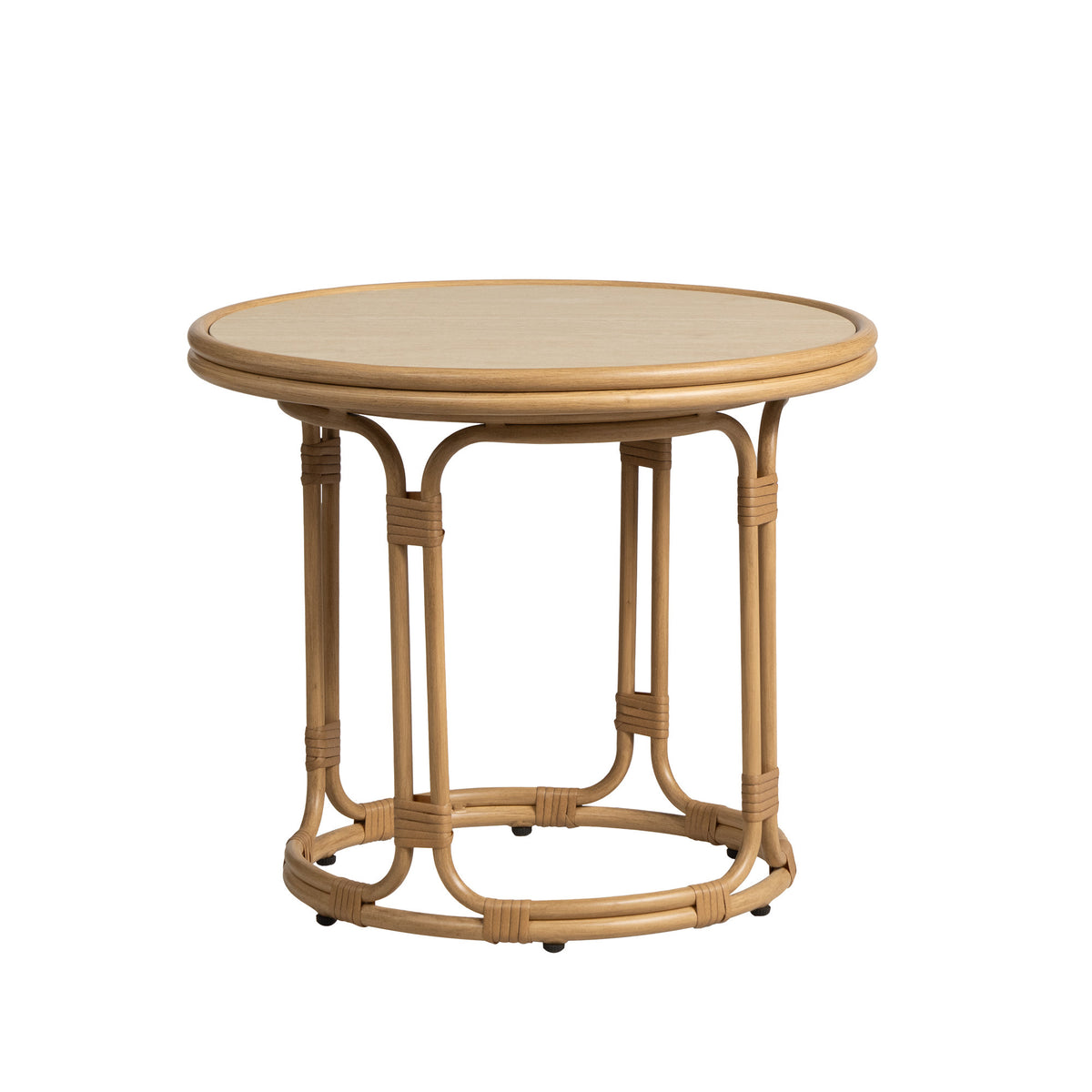 Lloyd Flanders Riviera 23.5" Round End Table with Travertine Top, lifestyle photo 1