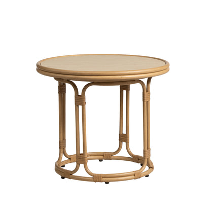 Lloyd Flanders Riviera 23.5" Round End Table with Travertine Top, lifestyle photo 1