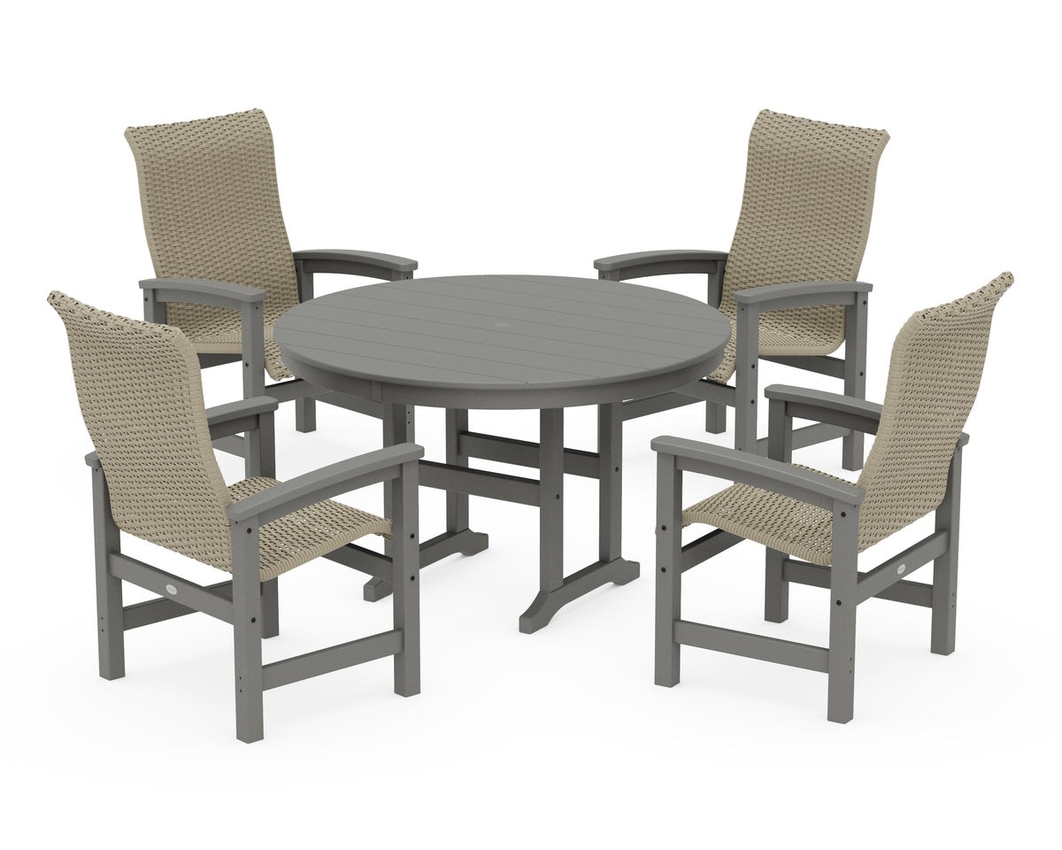 POLYWOOD Coastal Woven High-Back 5-Piece Round Farmhouse Dining Set in Slate Grey / Dune Grass