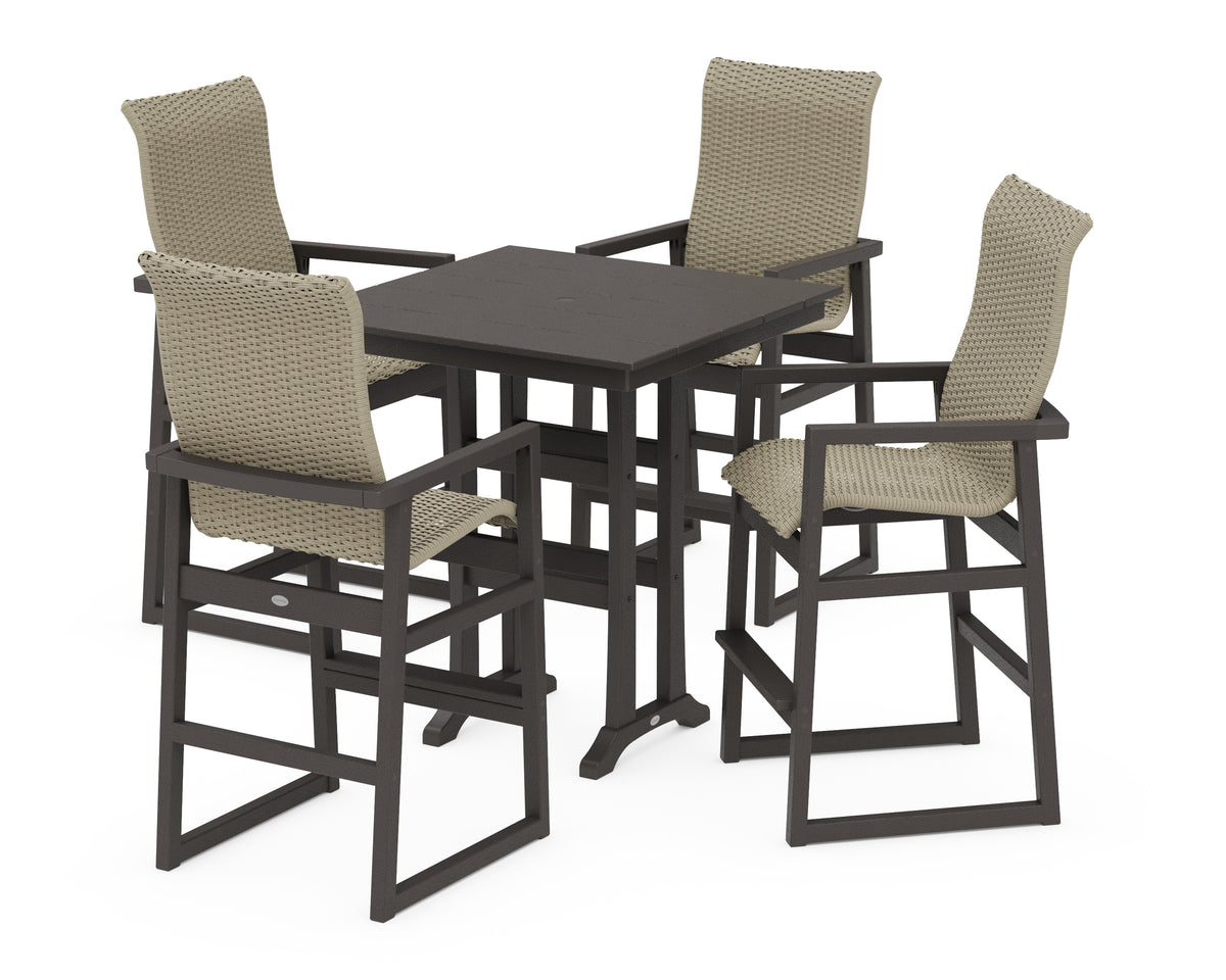 POLYWOOD EDGE Woven Highback 5-Piece Farmhouse Bar Set with Trestle Legs in Vintage Coffee / Dune Grass
