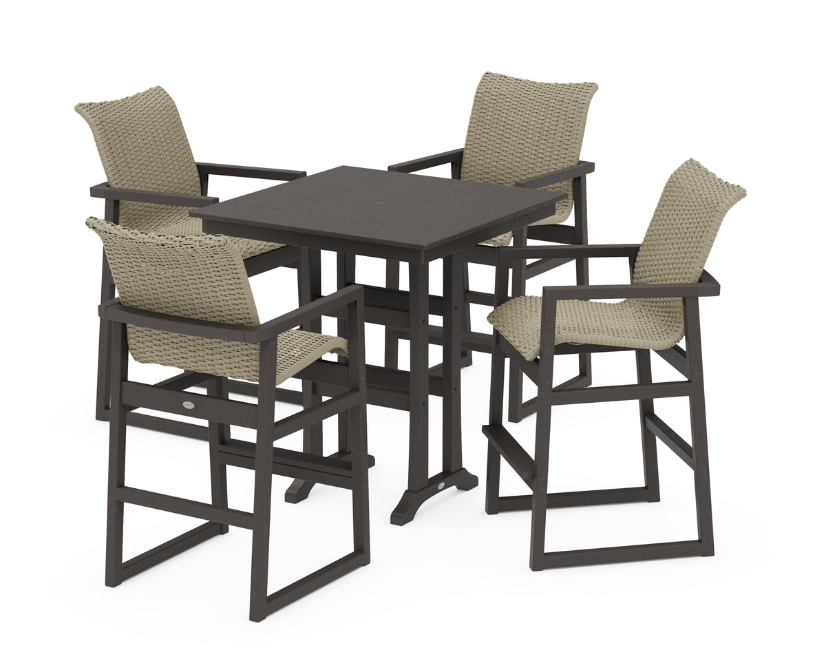 POLYWOOD EDGE Woven 5-Piece Farmhouse Bar Set with Trestle Legs in Vintage Coffee / Dune Grass
