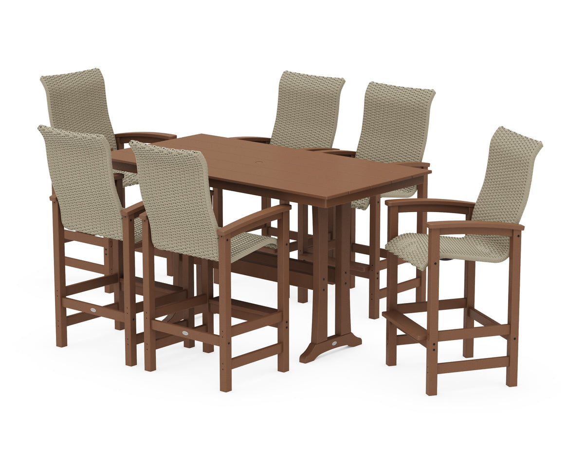 POLYWOOD Coastal Woven High-Back Arm Chair 7-Piece Farmhouse Bar Set with Trestle Legs in Teak / Dune Grass