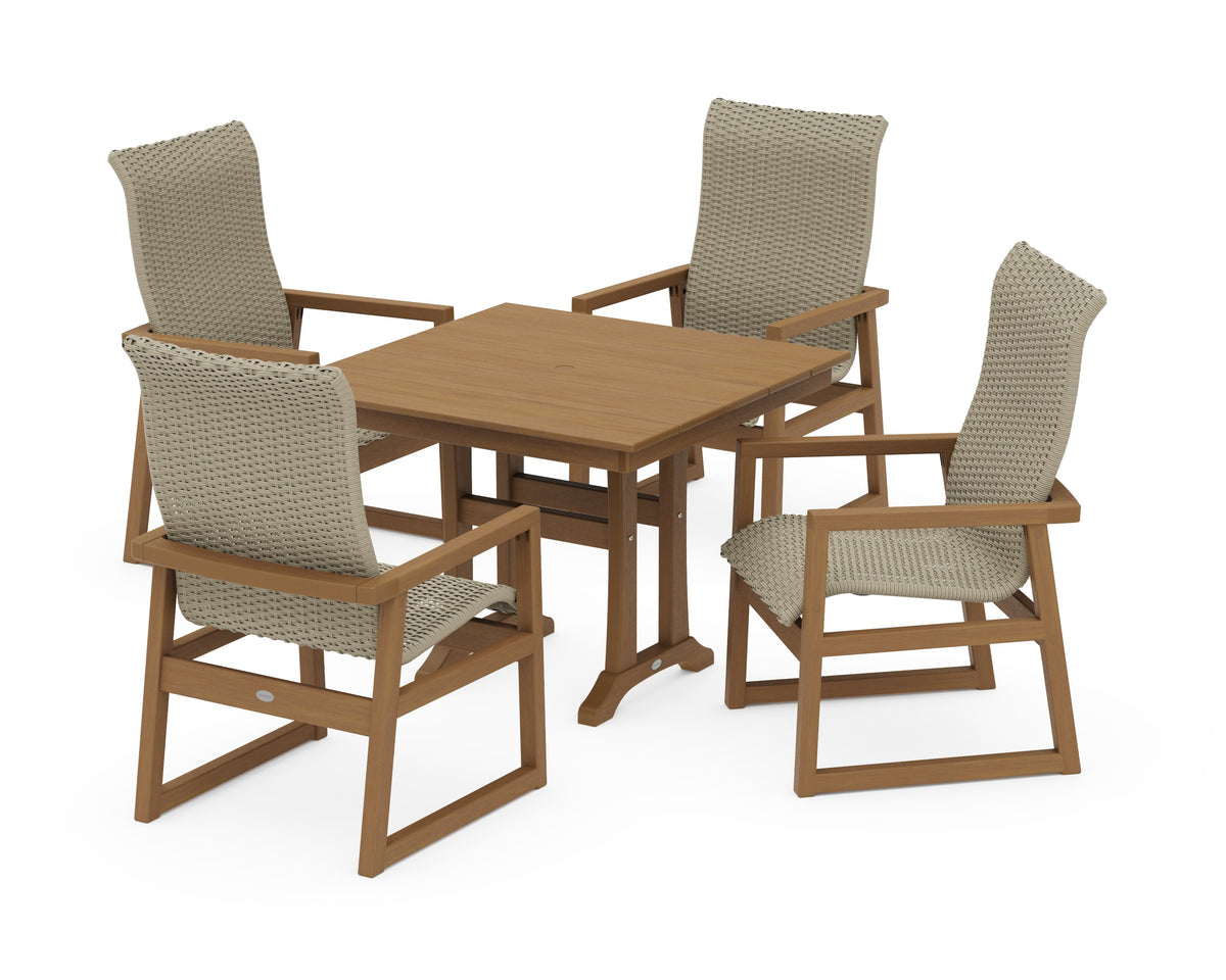 POLYWOOD EDGE Woven High-Back 5-Piece Farmhouse Dining Set with Trestle Legs in Natural / Dune Grass