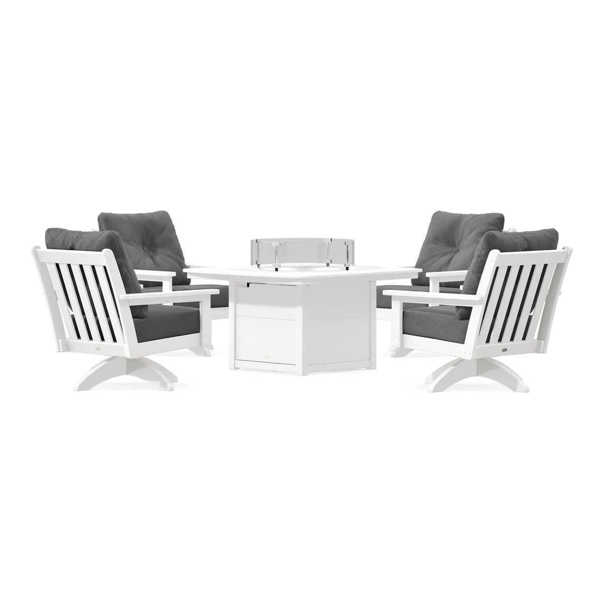 POLYWOOD Vineyard 5-Piece Deep Seating Swivel Conversation Set with Fire Pit Table in Vintage White