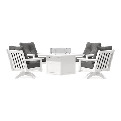 POLYWOOD Vineyard 5-Piece Deep Seating Swivel Conversation Set with Fire Pit Table in Vintage White