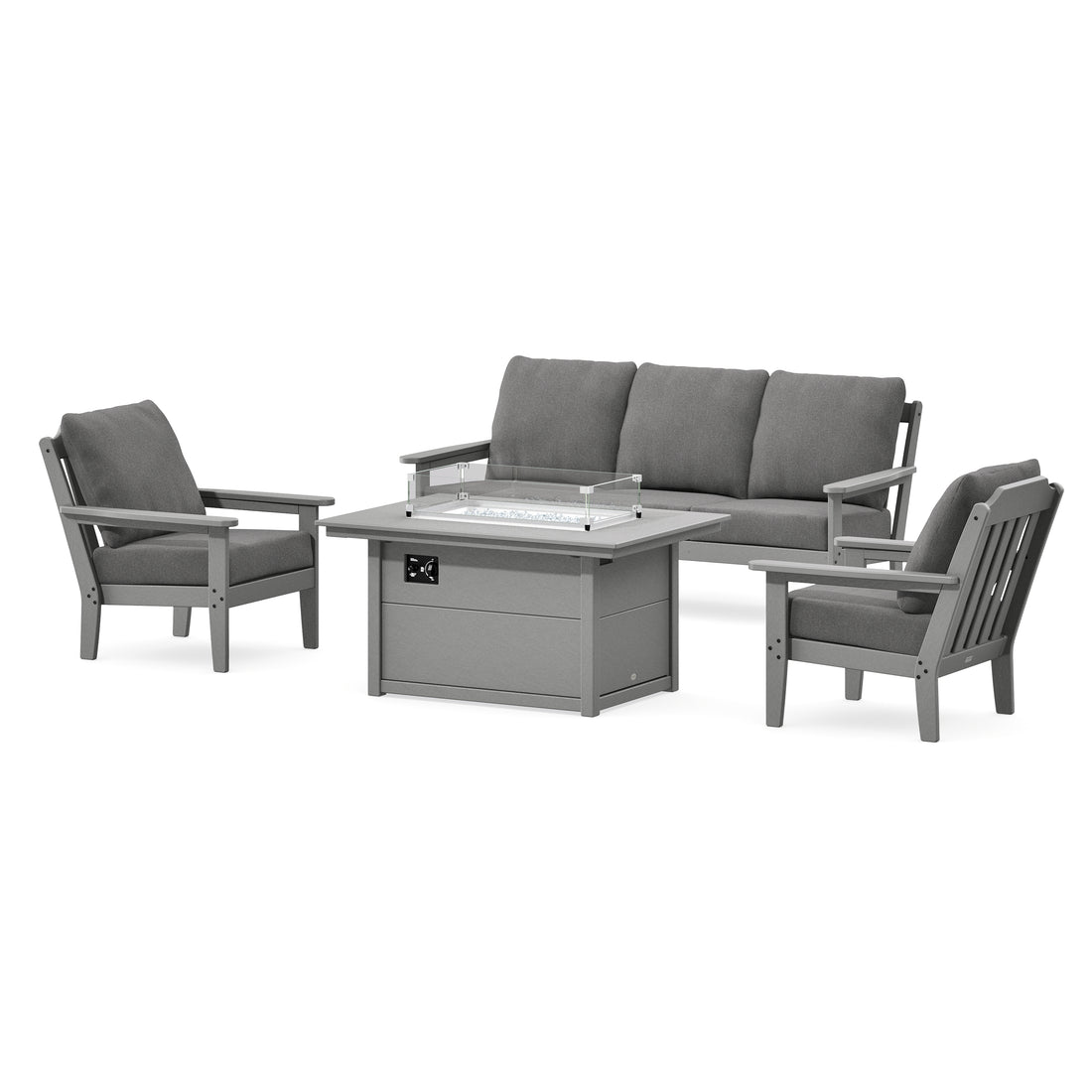 POLYWOOD Country Living Cottage Deep Seating Fire Pit Table Set in Slate Grey