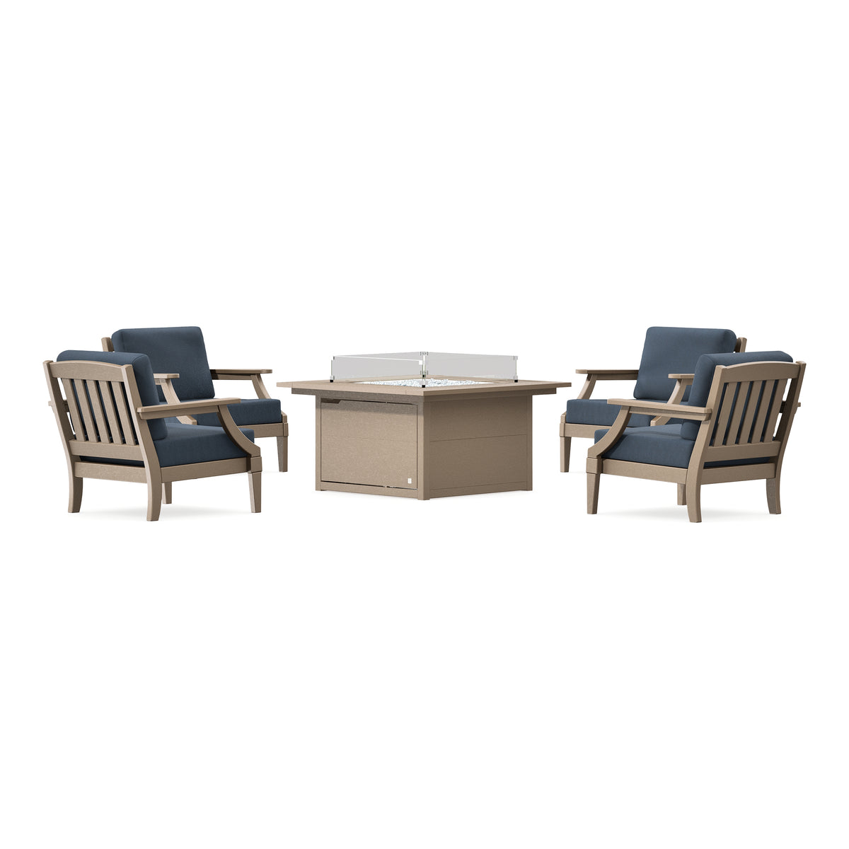 POLYWOOD PW Designer Series Estate 5-Piece Lounge Fire Table Set in Vintage Sahara / Marine Indigo